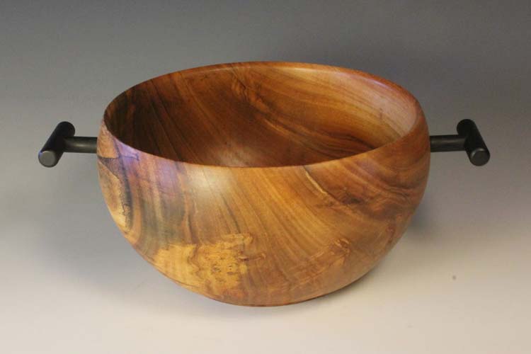 Wooden bowl with metal handles (Elm): 10in x 5in (25cm x 13cm)