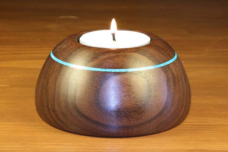 Walnut/turquoise candle holder: 5in x 2.5in (13cm x 6cm)